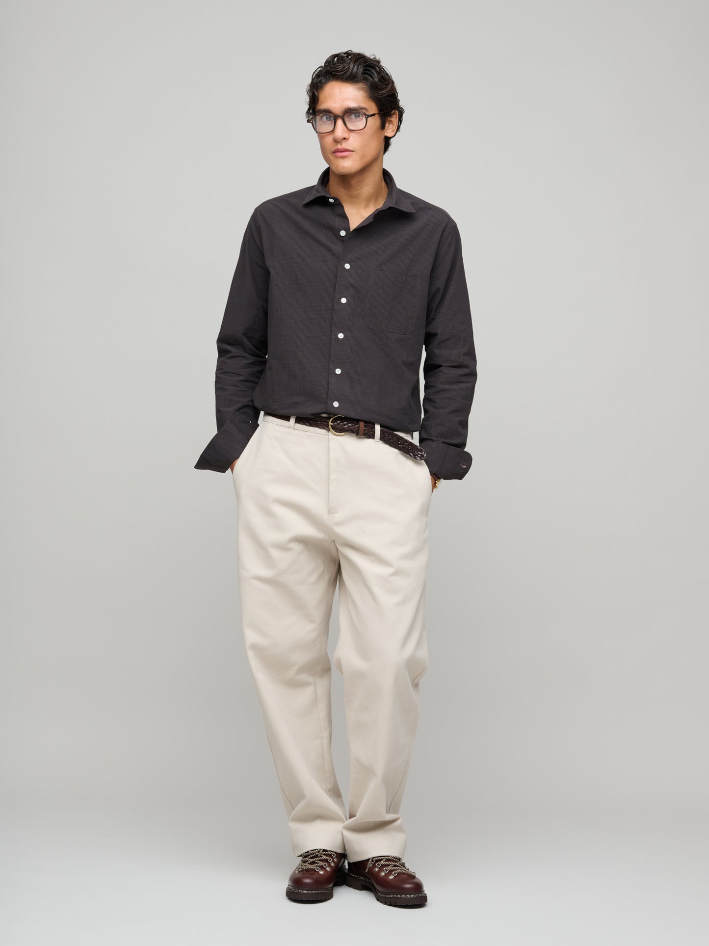 Soft Spread Collar Fine Graph Check, Dark Brown