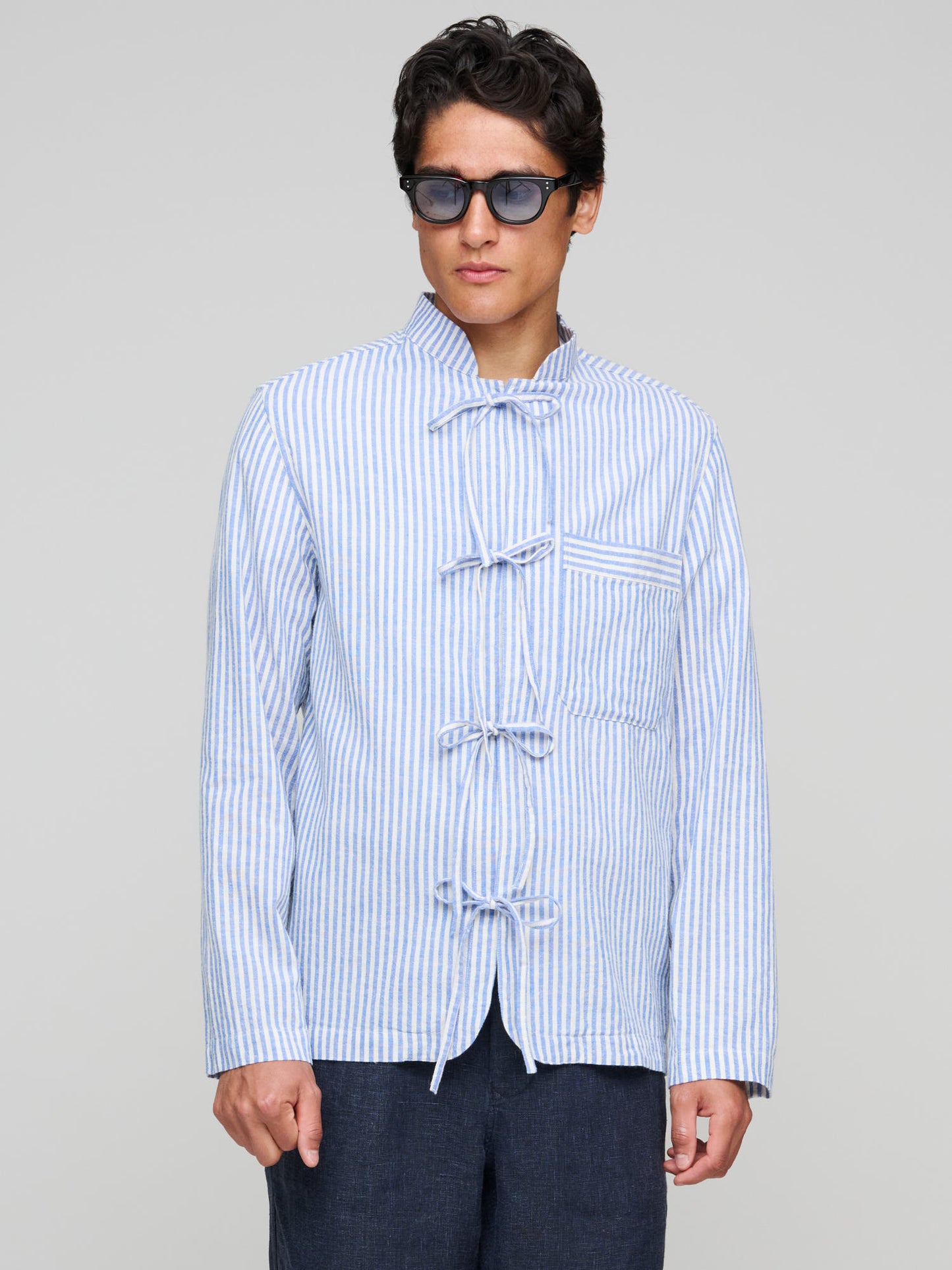 Grandad Collar Tie Shirt, Blue & White Stripe