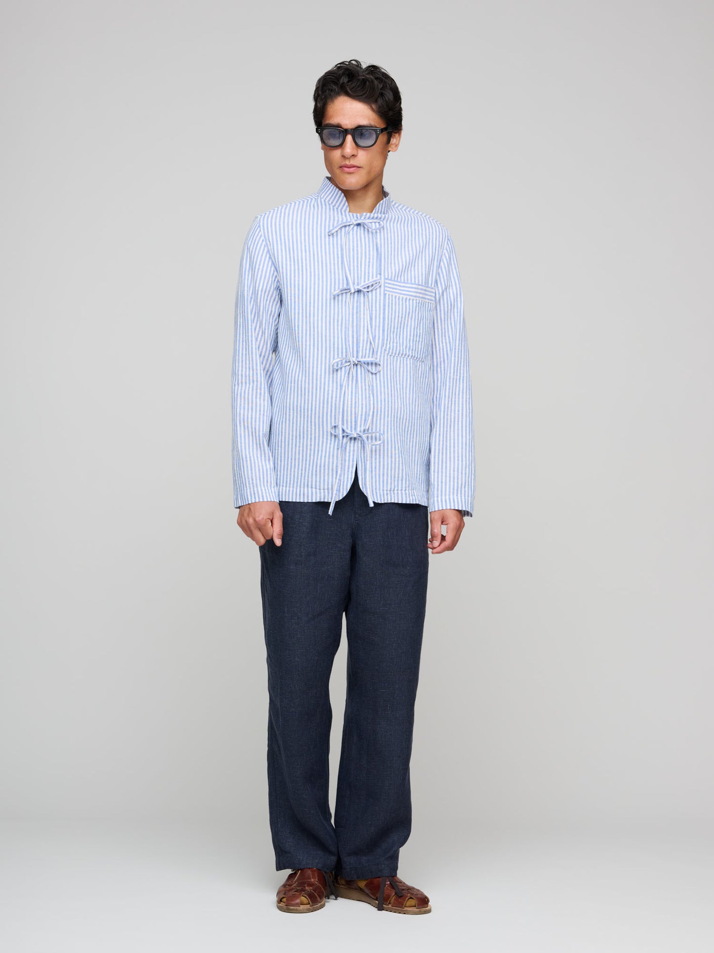 Grandad Collar Tie Shirt, Blue & White Stripe