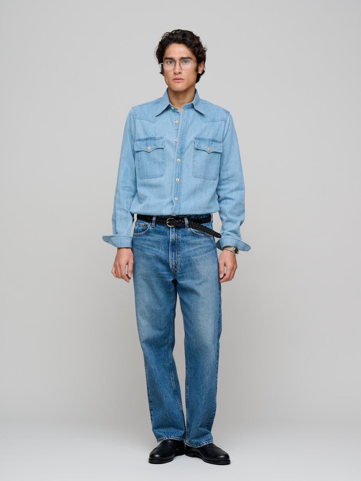 Denim Two-Pocket Western Shirt, Bleach Wash
