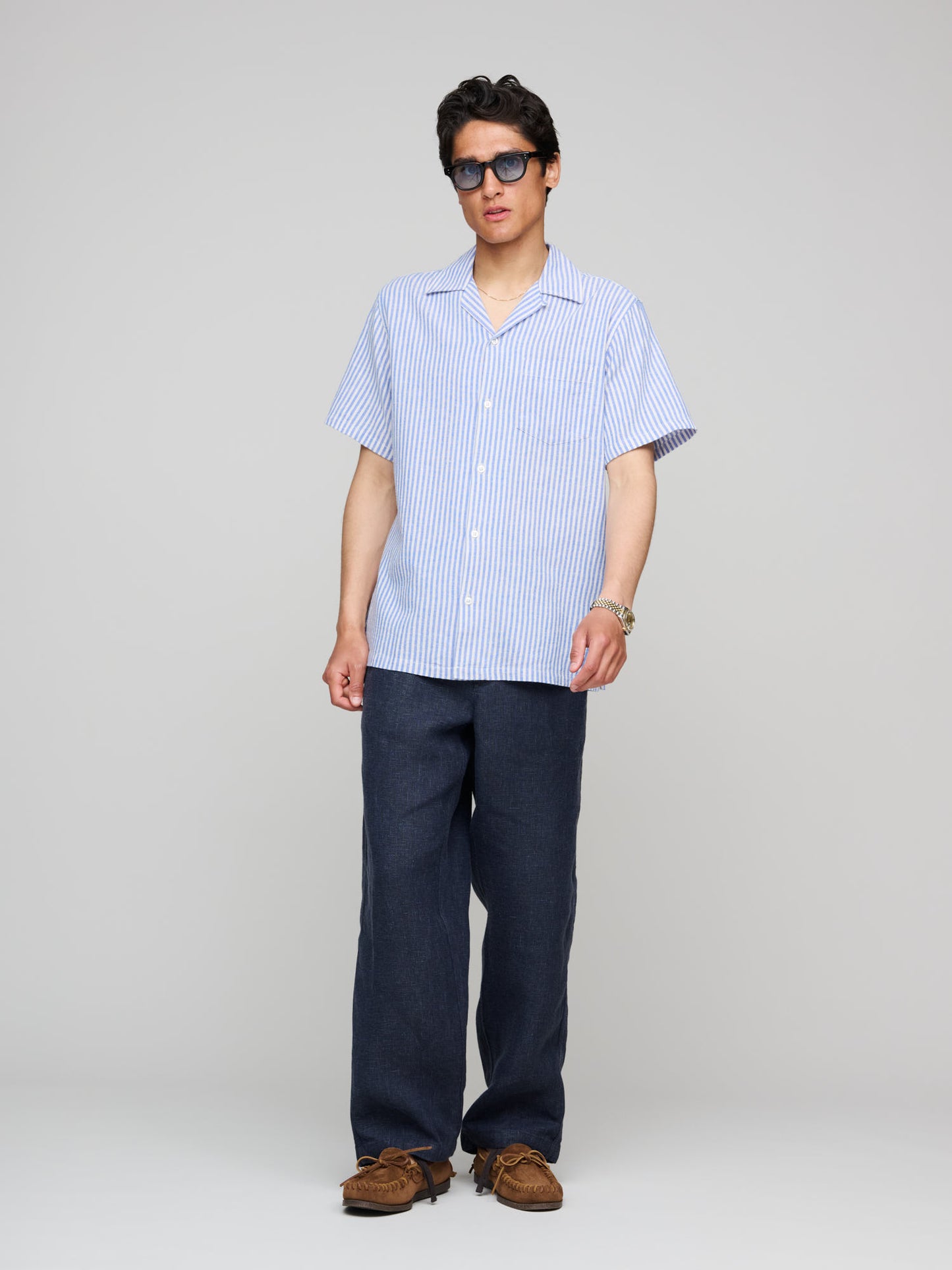 Cotton-Linen Camp Collar Short Sleeve Shirt, Blue and White Stripe