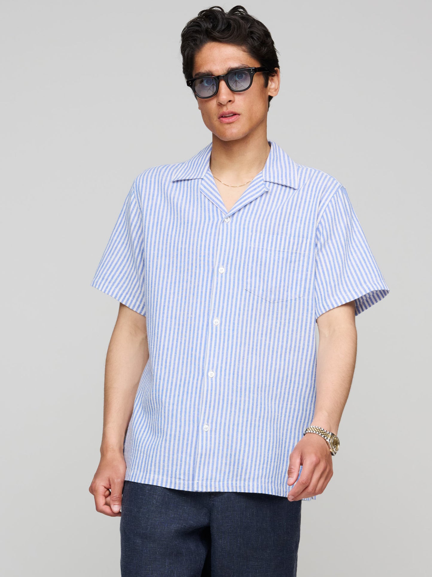 Cotton-Linen Camp Collar Short Sleeve Shirt, Blue and White Stripe