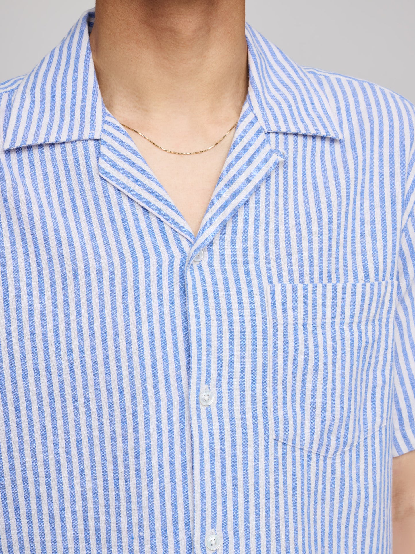 Cotton-Linen Camp Collar Short Sleeve Shirt, Blue and White Stripe