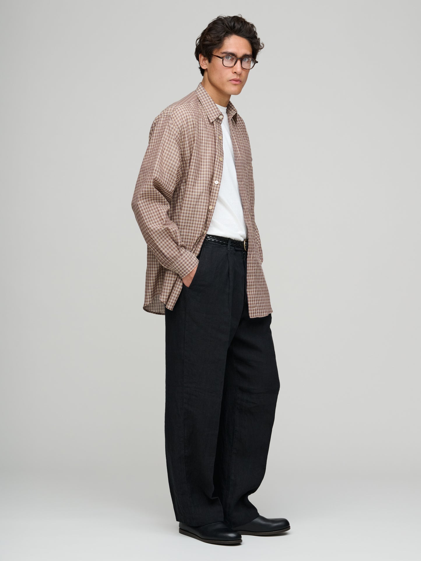 Airy Light Cotton Check Big Shirt, Brown Gingham Check