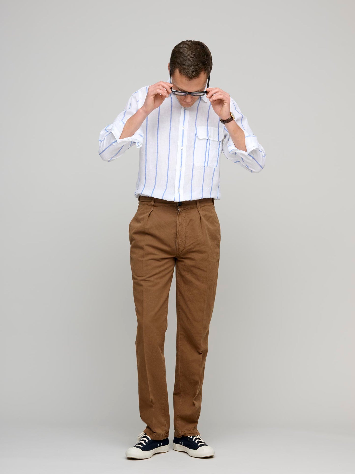 Linen Wide Stripe Shirt, White/Navy