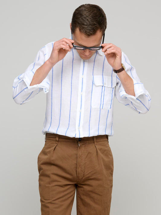 Linen Wide Stripe Shirt, White/Navy
