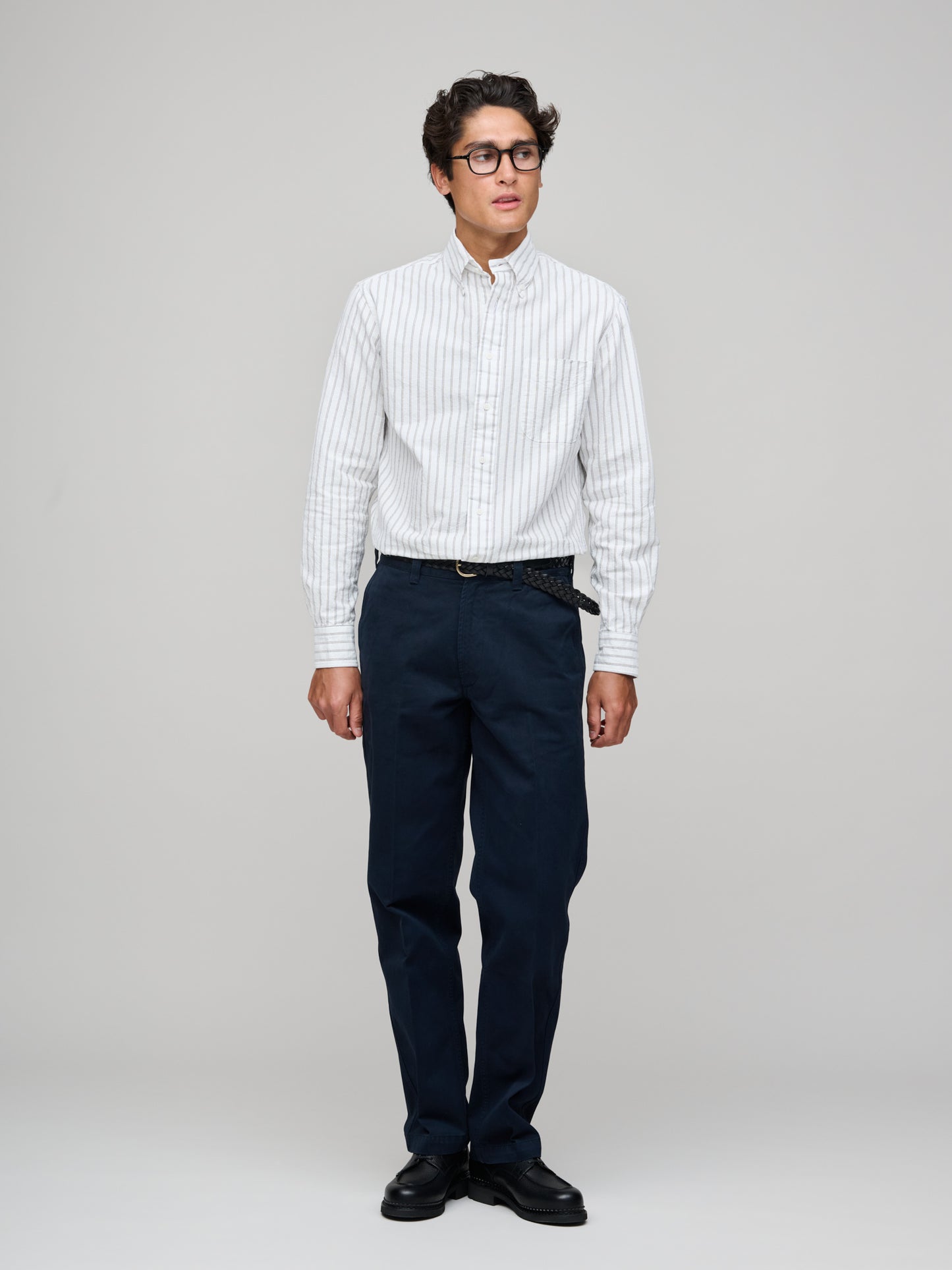 Japanese Oxford, White, Navy/Tan stripe