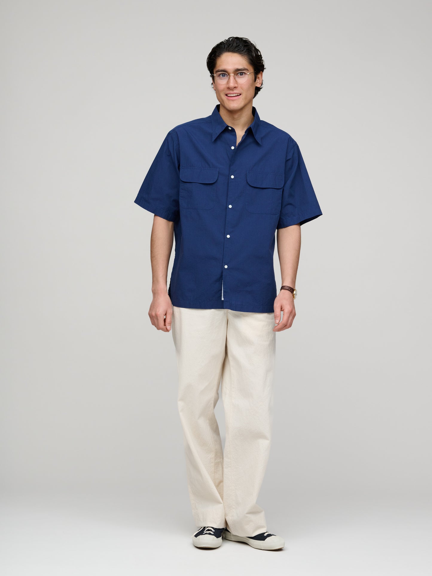 Regular Collar S/S Shirt, Dark Navy Tiny Check