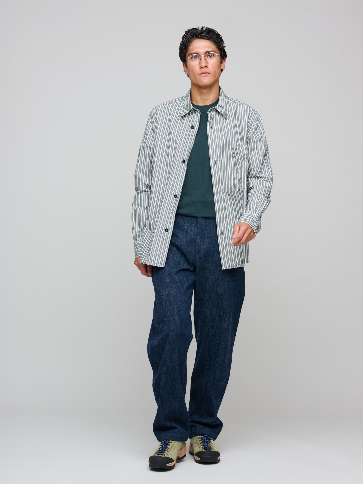 Basic Shirt Two Tone Cotton Stripe, Forest/Grey/Off White
