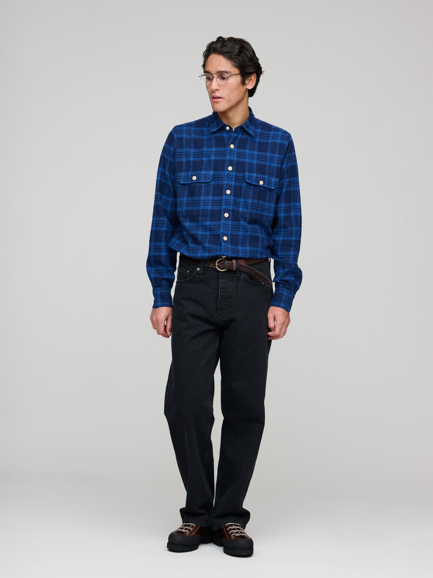 Slub Brushed Cotton Work Shirt, Navy & Blue