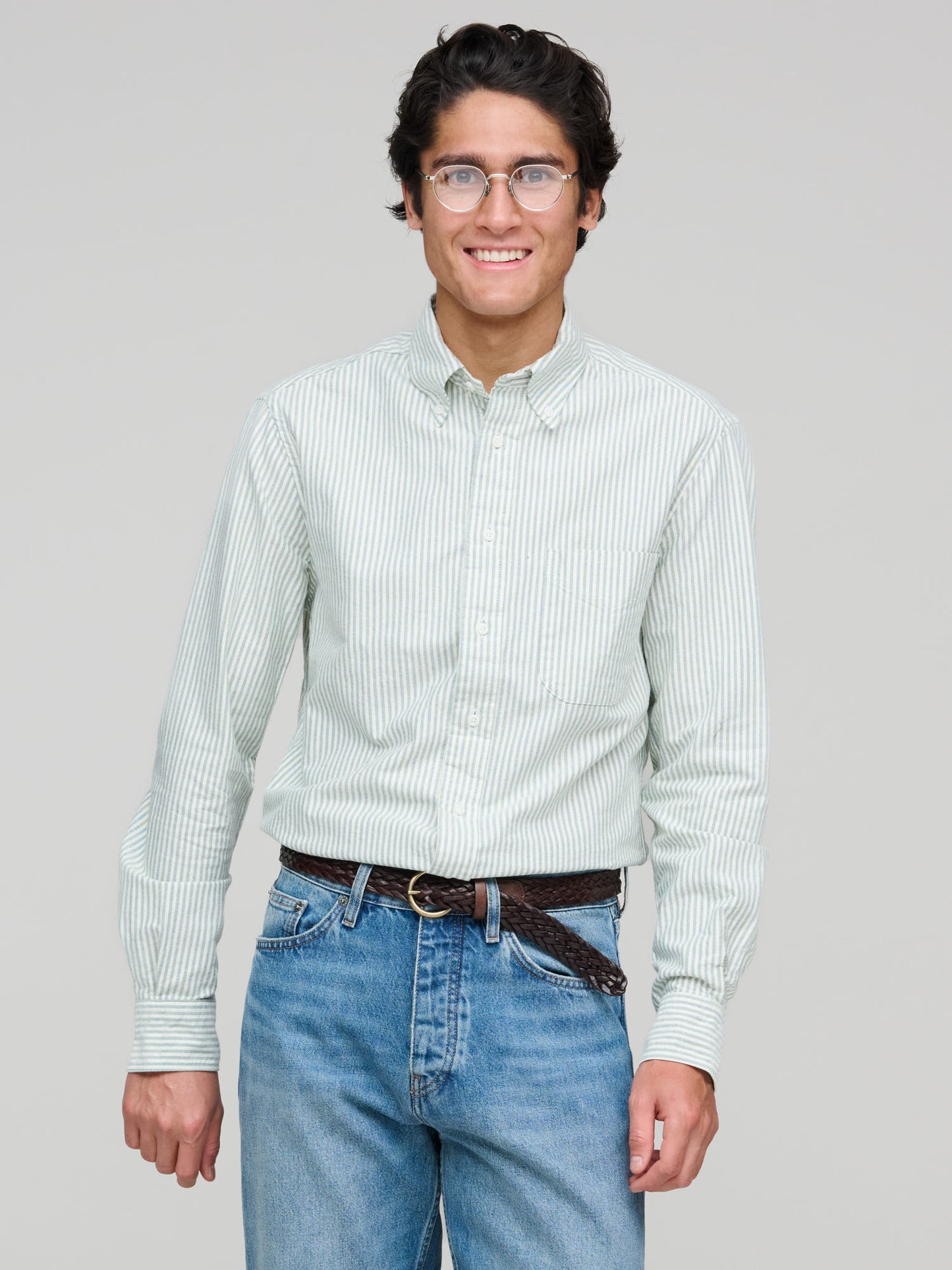 Brushed Fall Oxford Shirt, Green Stripe