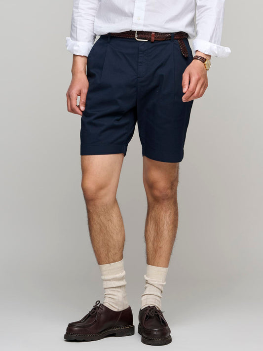 Pleated Twill Shorts, Navy