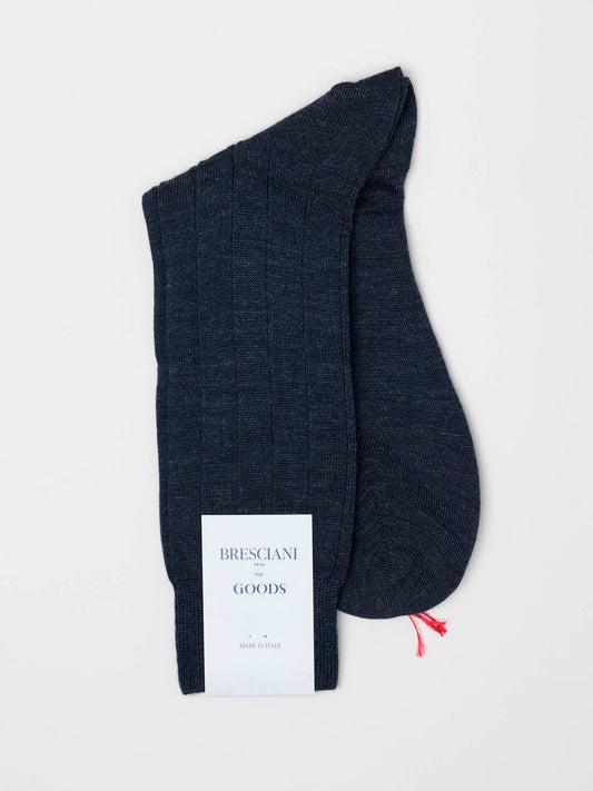 Fine Ribbed Wool Socks, Melange Navy