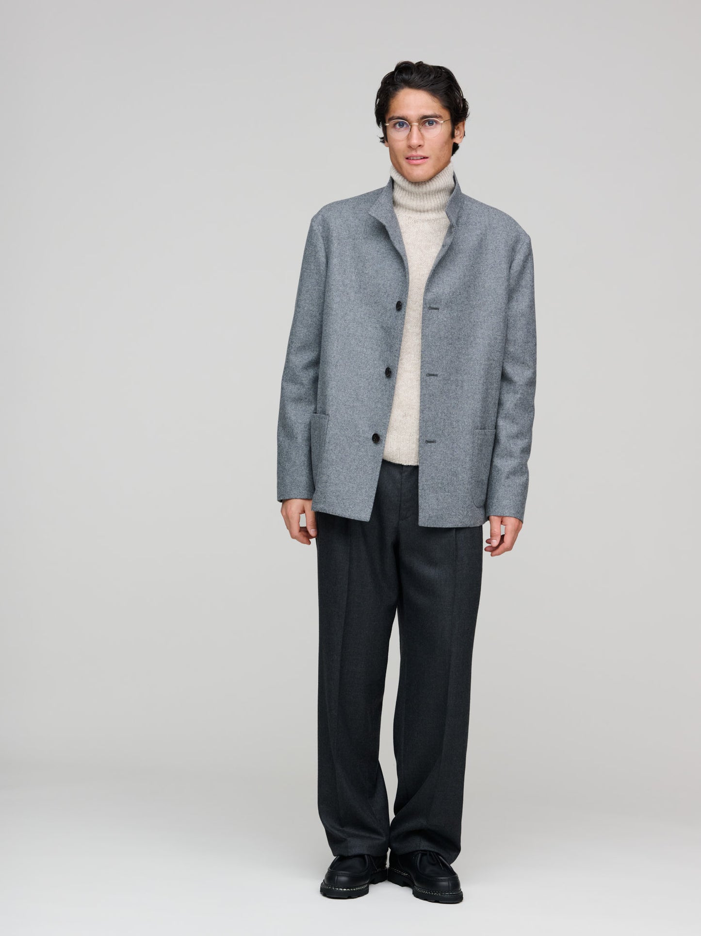 Convertible Collar Brushed Flannel, Grey Melange