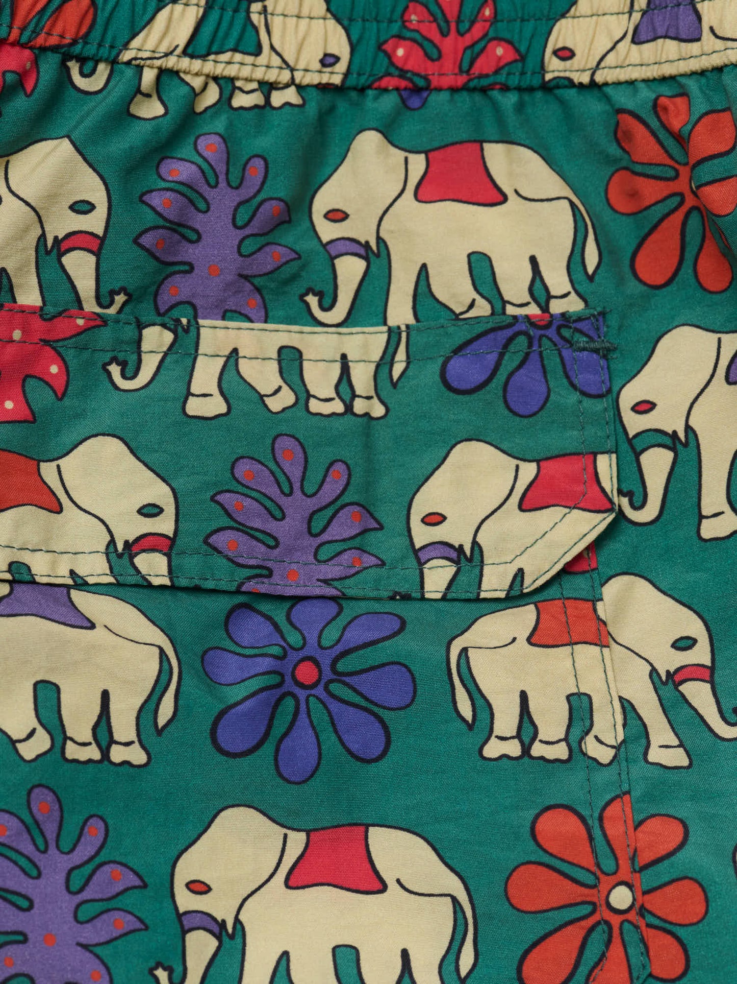 Elephant Print Nylon Drawstring Swim Shorts, Green