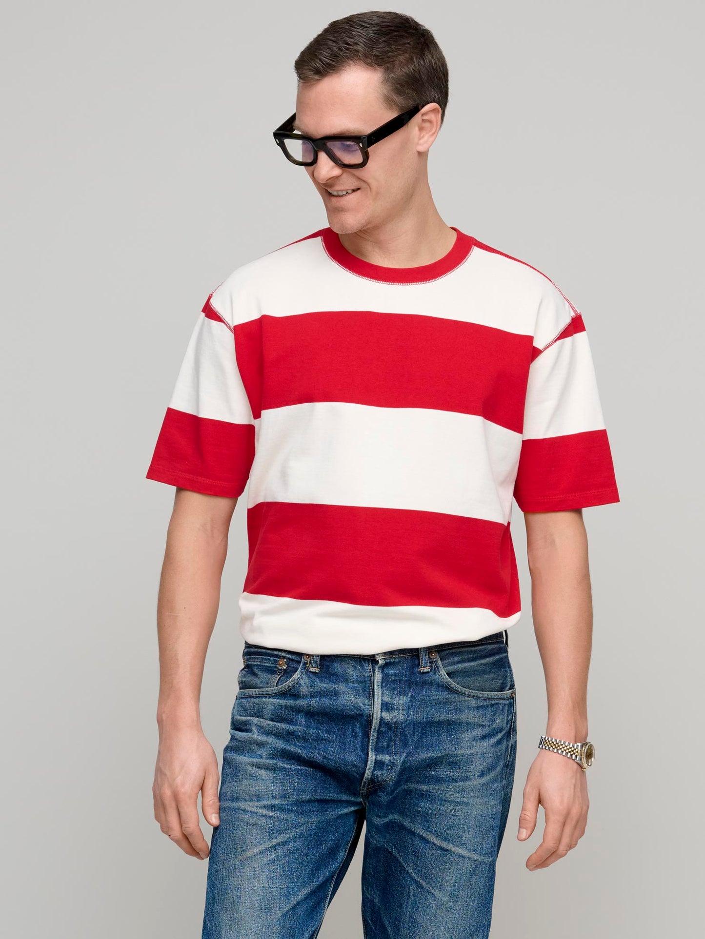 Wide Stripe Heavy Cotton Crew Neck Hiking T-Shirt, Red/White