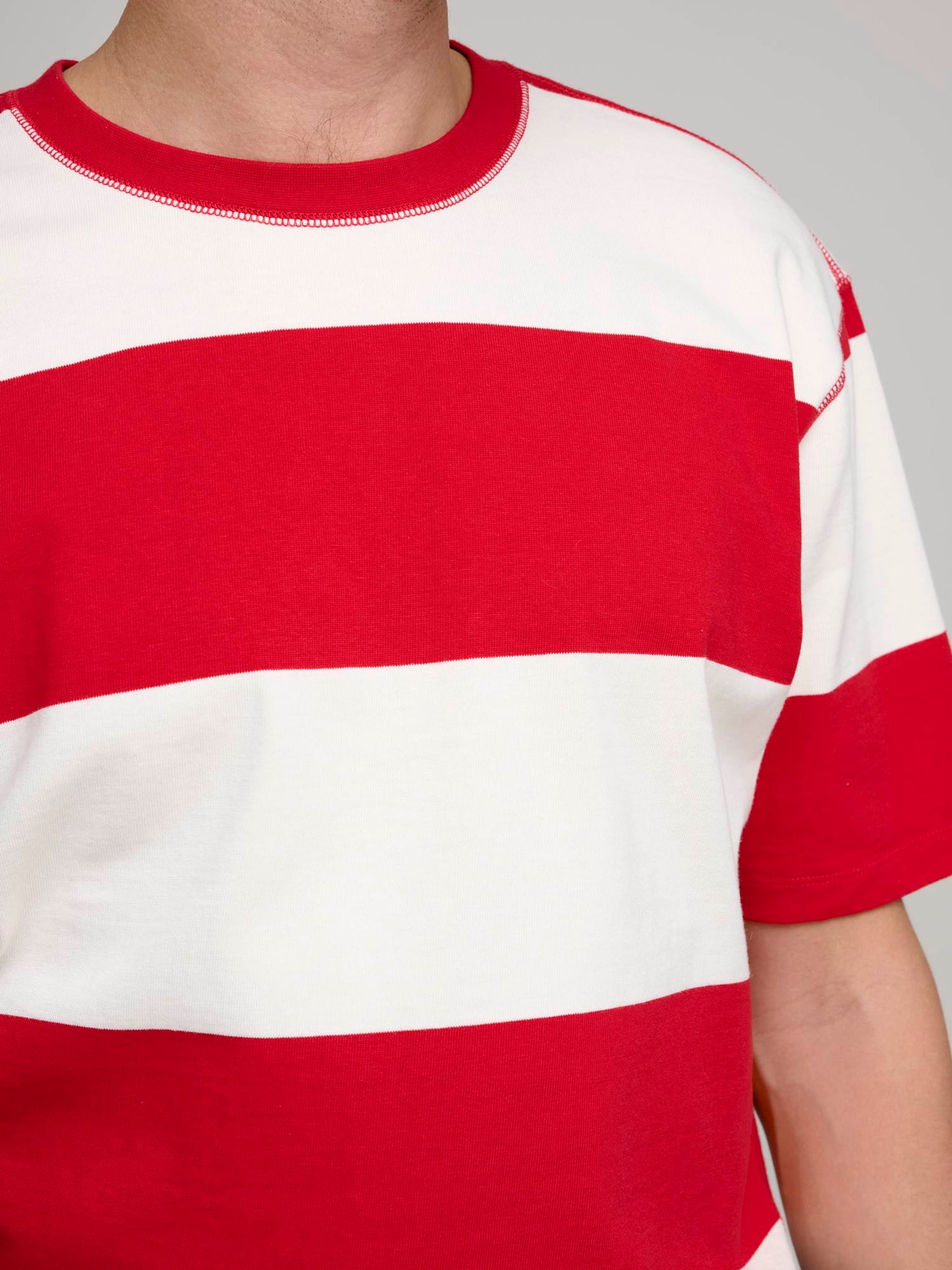 Wide Stripe Heavy Cotton Crew Neck Hiking T-Shirt, Red/White