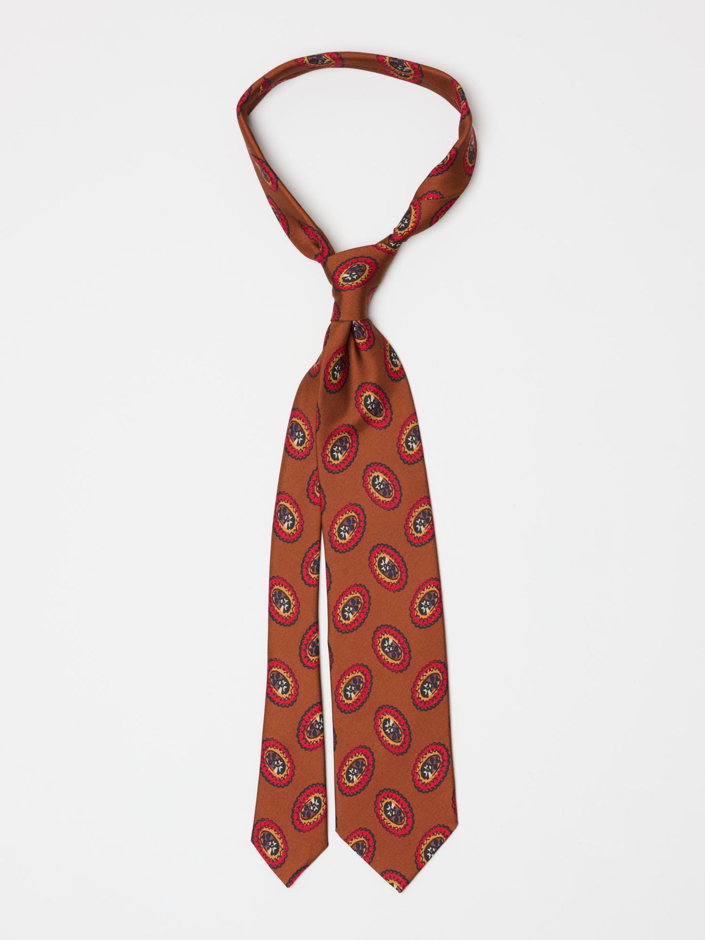 Oval Medallion Print Silk Self Tipped Tie, Brown