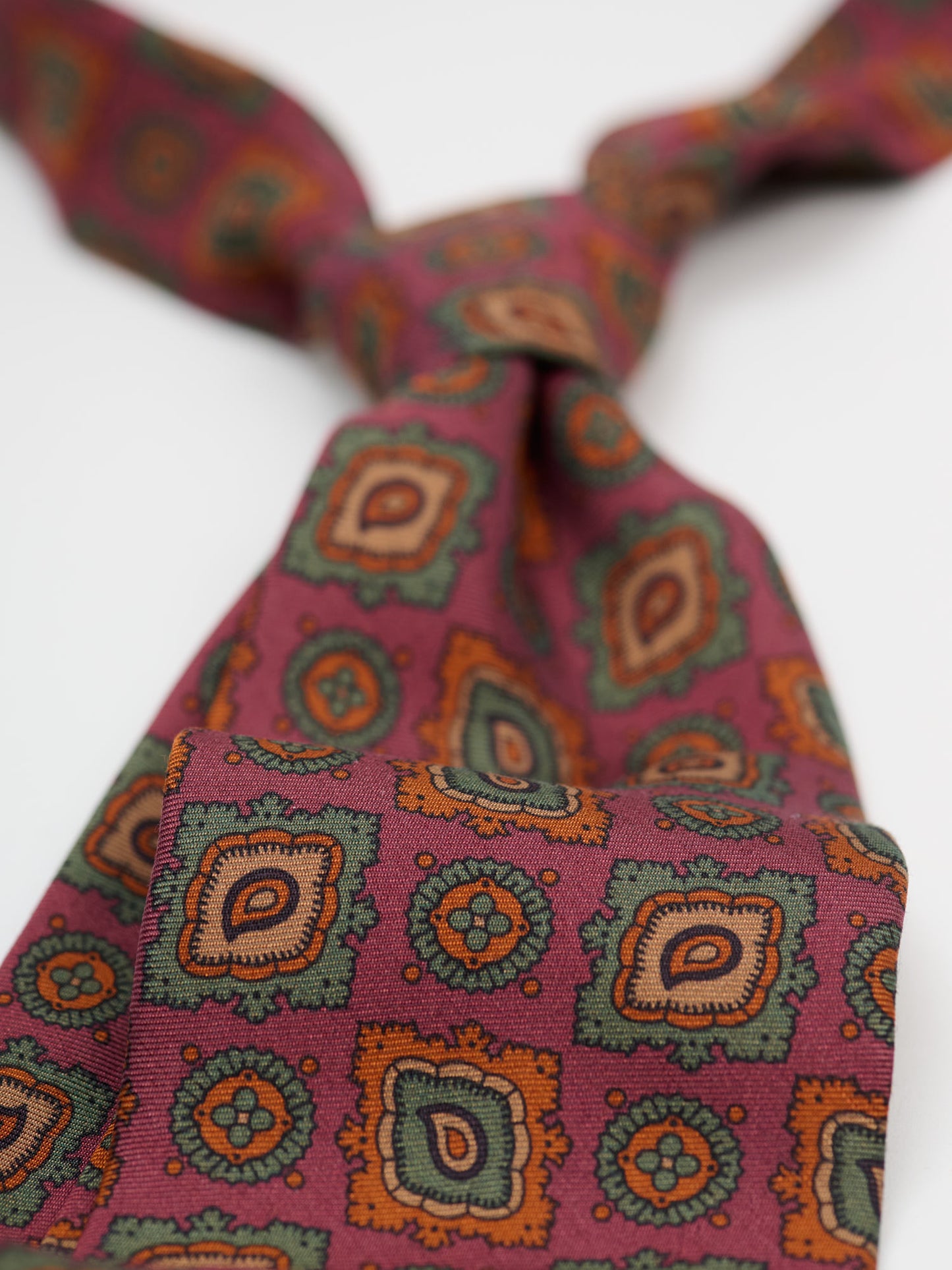 Large Paisley Medallion Silk Wool Tie, Orange & Green