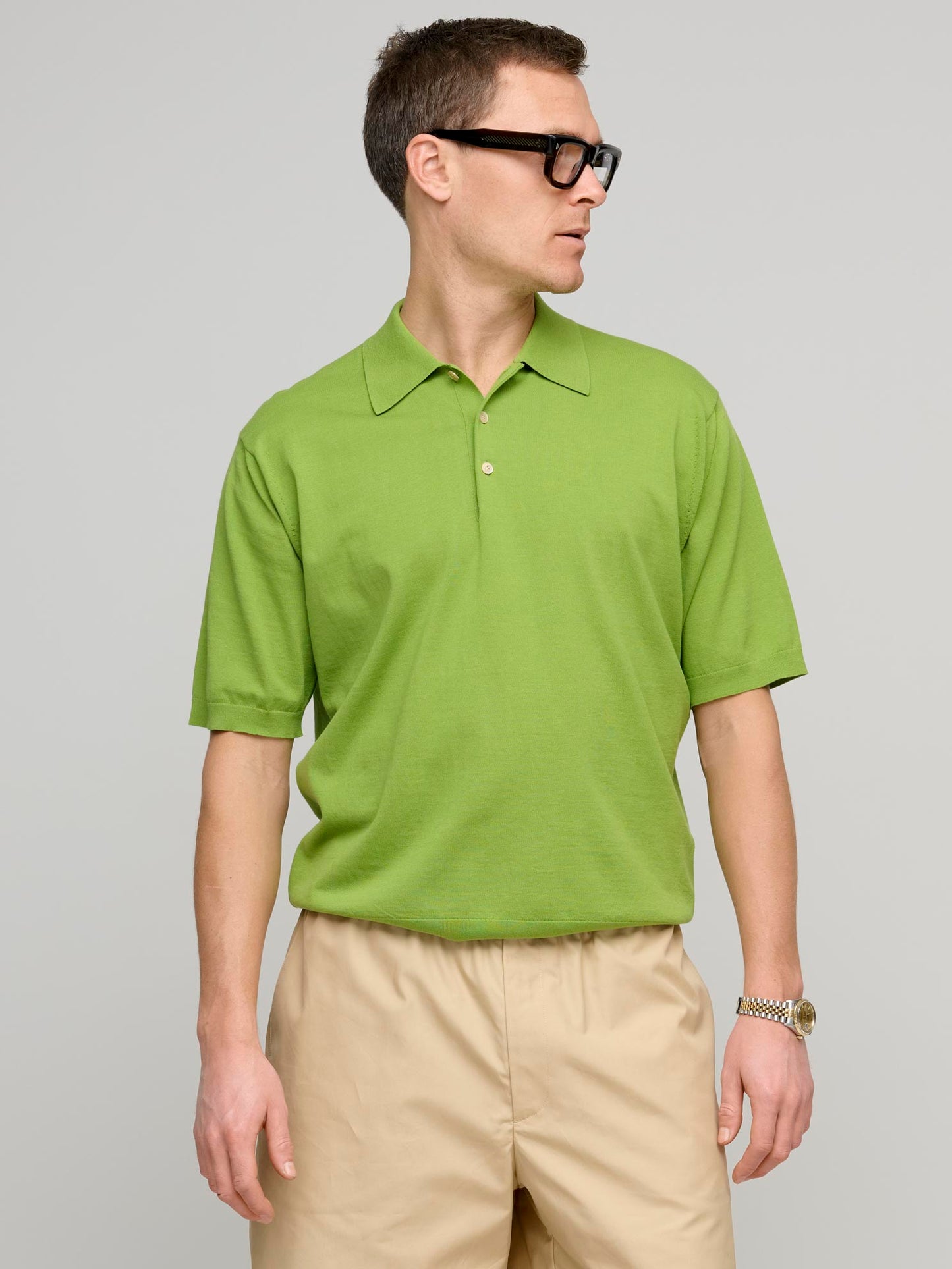 Super High Gauge Cotton Knit Polo, Sage Green