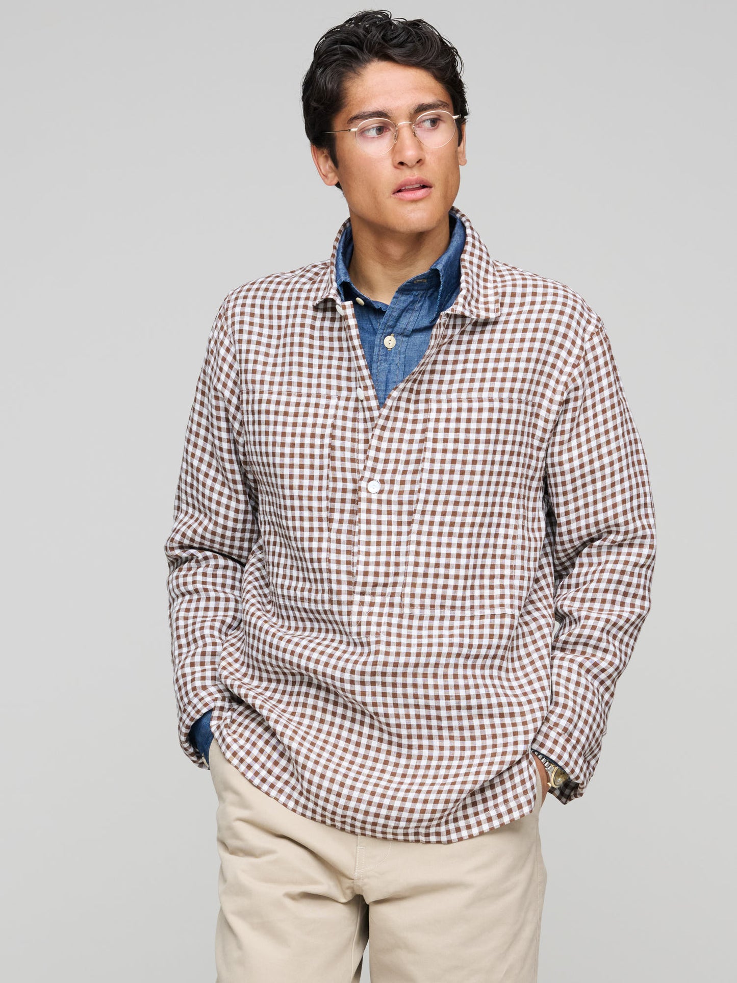 Drake's for GOODS Check Linen Map Pocket Popover, Brown & Ecru