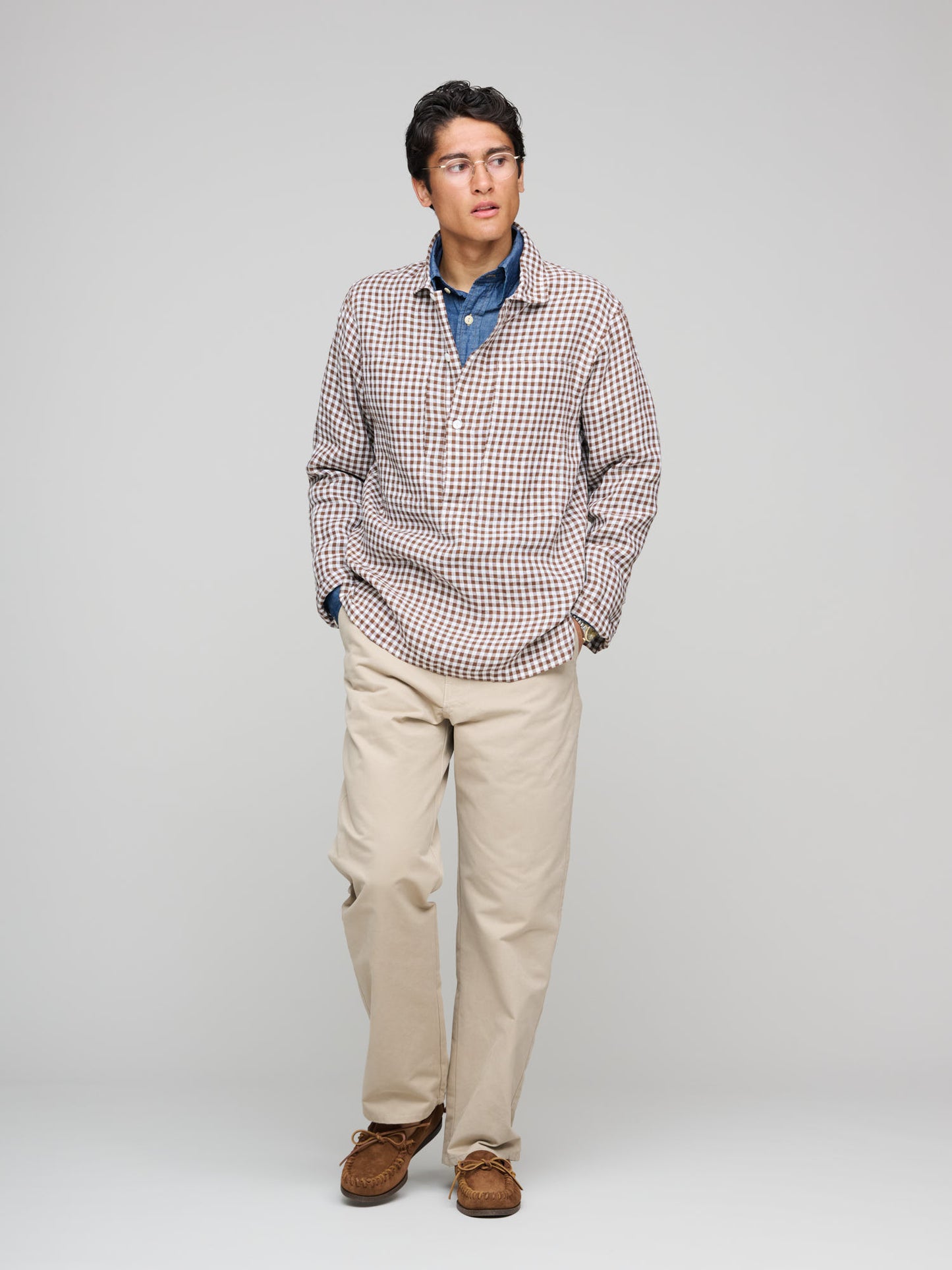 Drake's for GOODS Check Linen Map Pocket Popover, Brown & Ecru