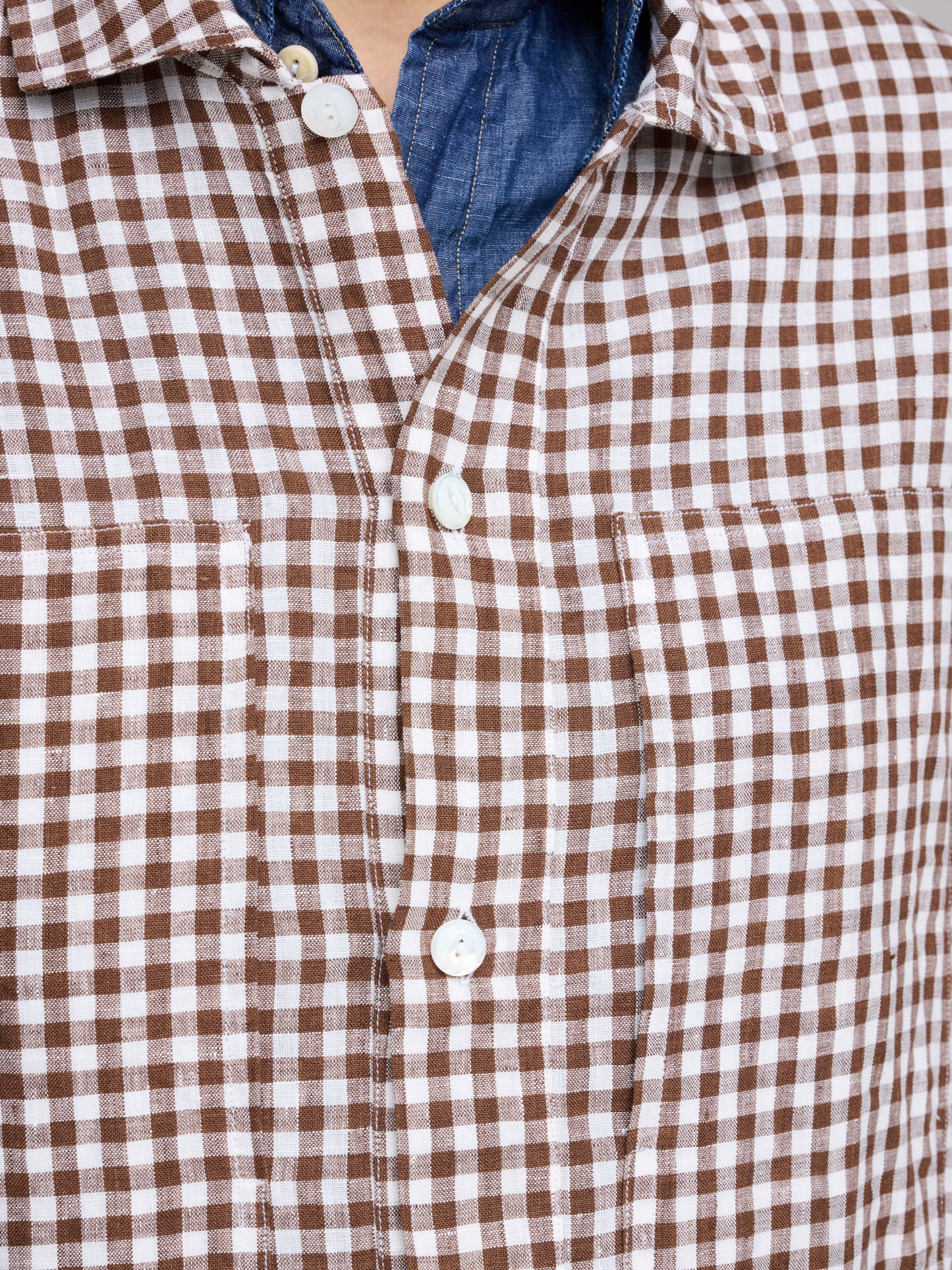 Drake's for GOODS Check Linen Map Pocket Popover, Brown & Ecru