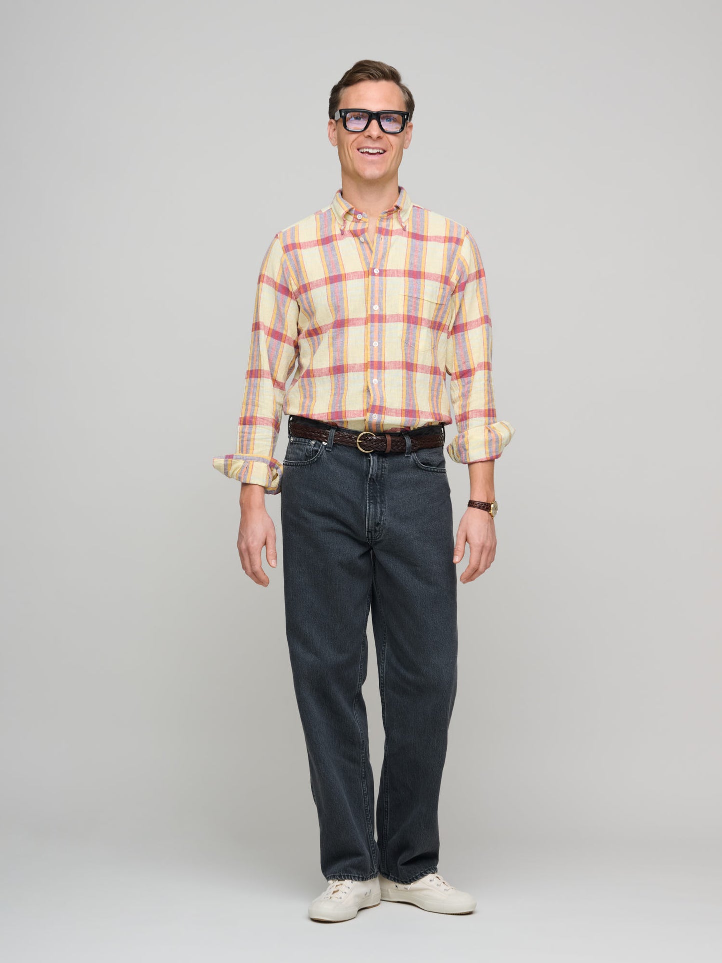 Madras Check Cotton Linen BD Shirt, Yellow & Red