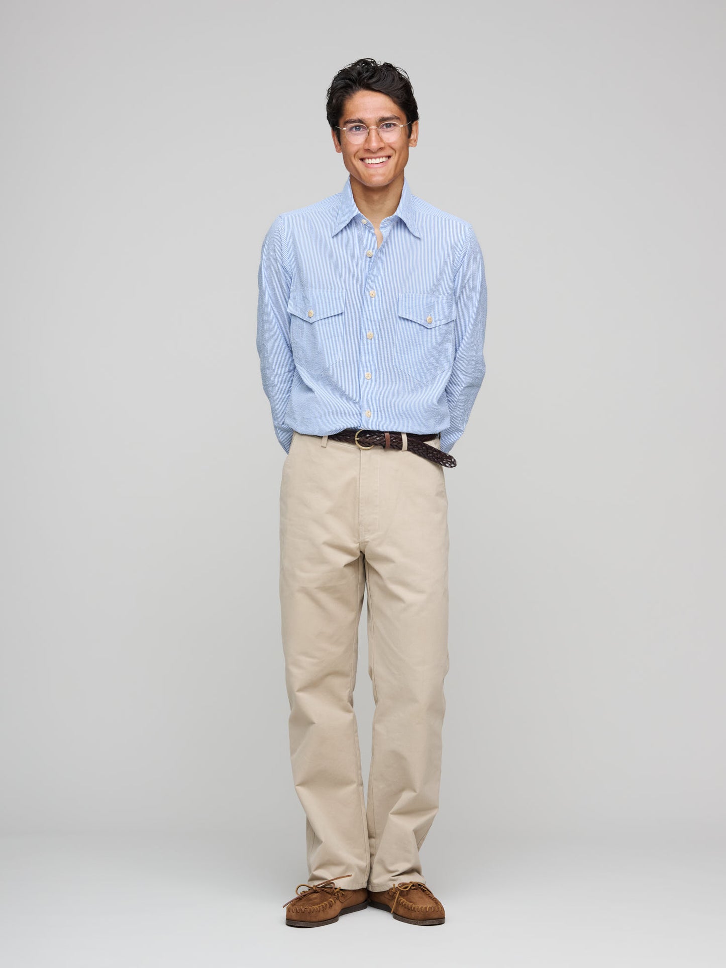 Drake's for GOODS MKII LP Stripe Seersucker Work Shirt, Blue & White