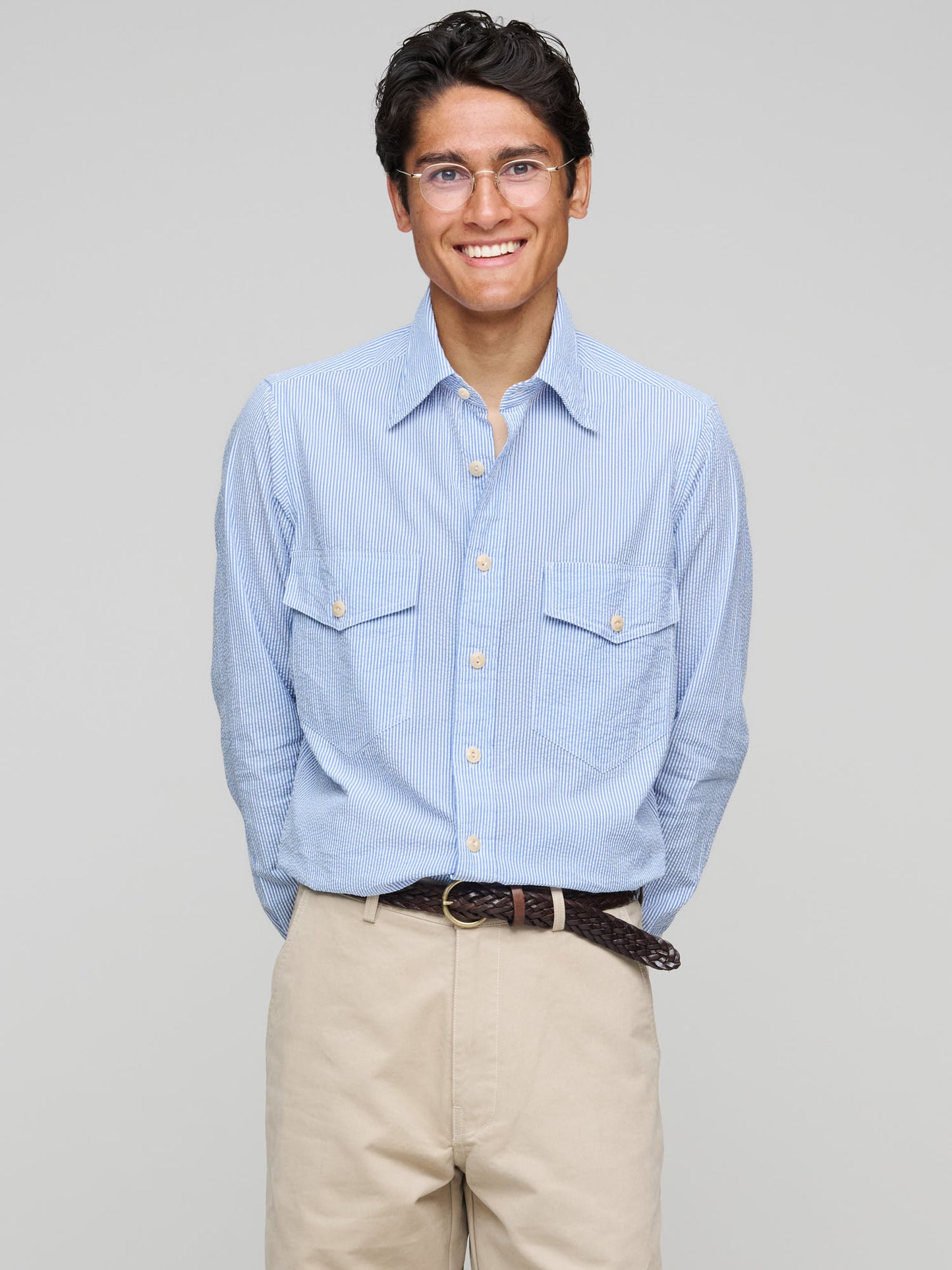 Drake's for GOODS MKII LP Stripe Seersucker Work Shirt, Blue & White