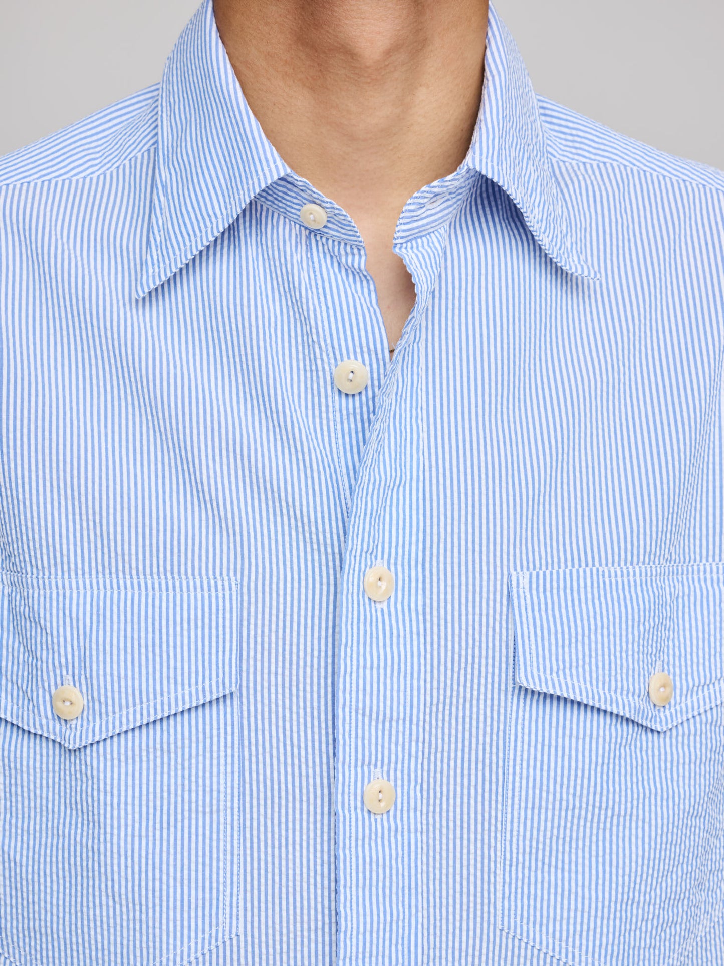 Drake's for GOODS MKII LP Stripe Seersucker Work Shirt, Blue & White