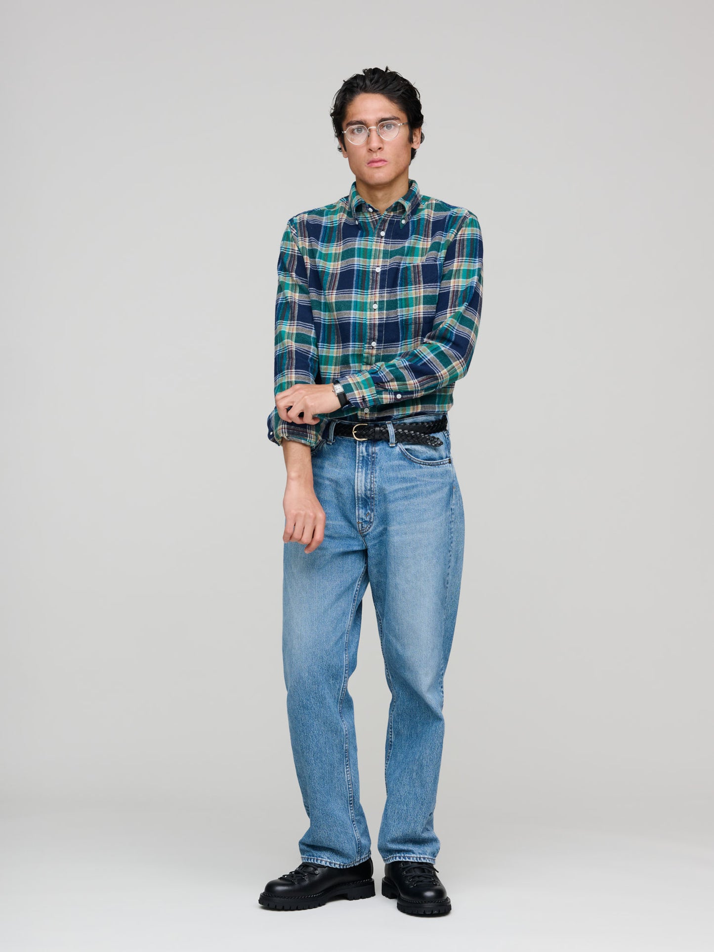 Multi Brushed Winter Madras Shirt, Green/Navy Check