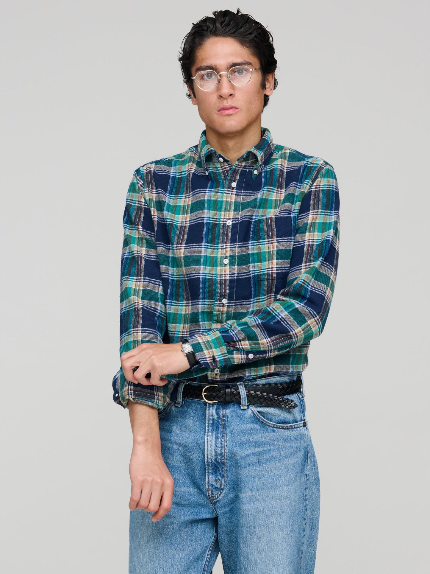 Multi Brushed Winter Madras Shirt, Green/Navy Check