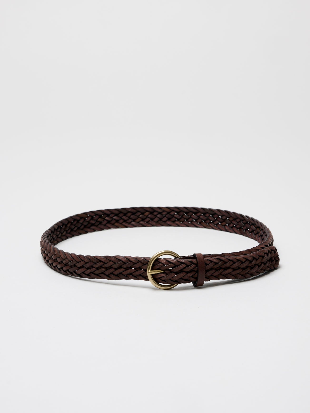 Round Buckle Braided Leather Belt, Dark Brown – Goods