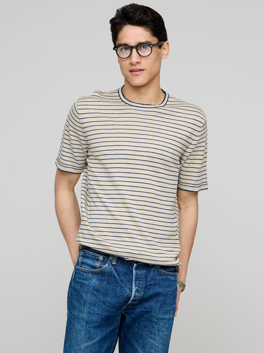 Linen T-shirt, Beige/ Dark Blue Stripe