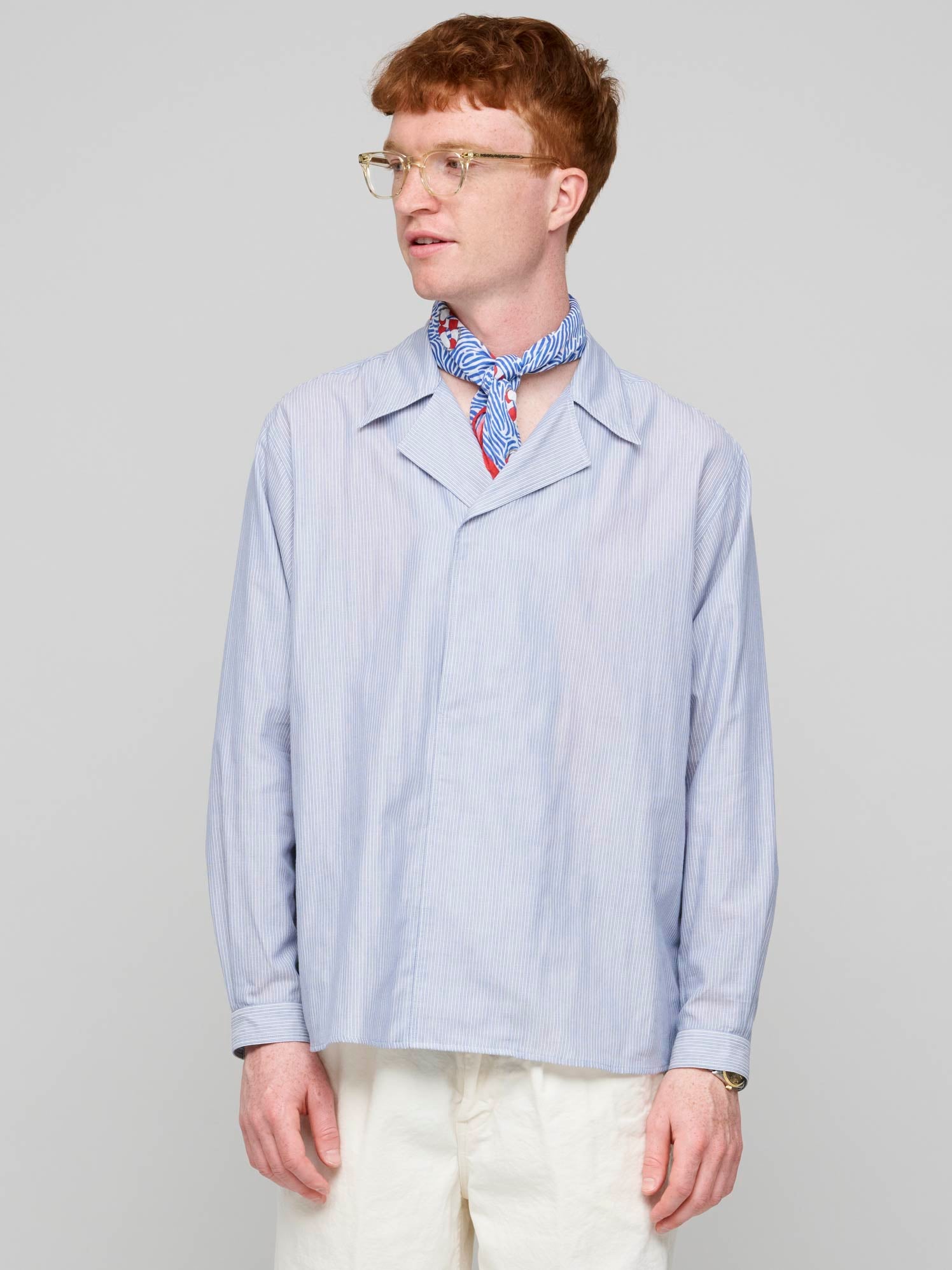 Giza Light Weight Double-Cloth P/O Shirt, Blue Stripe