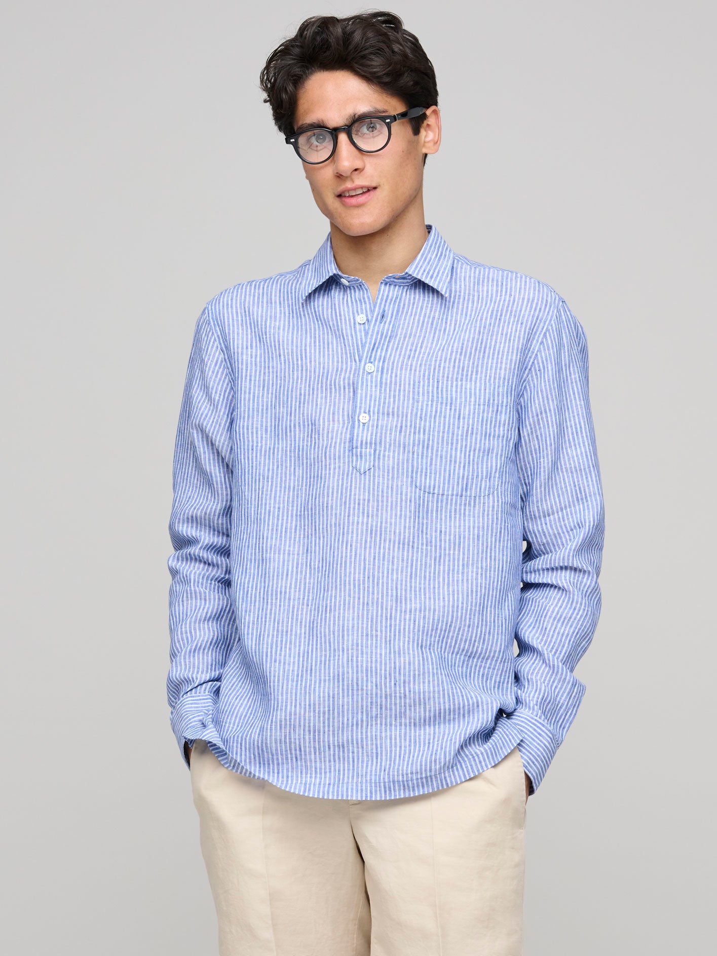 Popover Shirt Linen, Blue / Fine Stripe