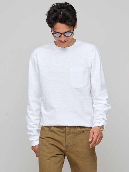 Long Sleeve Cotton Flamé Pocket T-Shirt, White