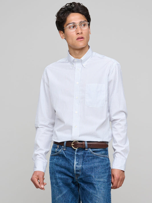 American BD Shirt, Dusty White & Fine Blue Stripe