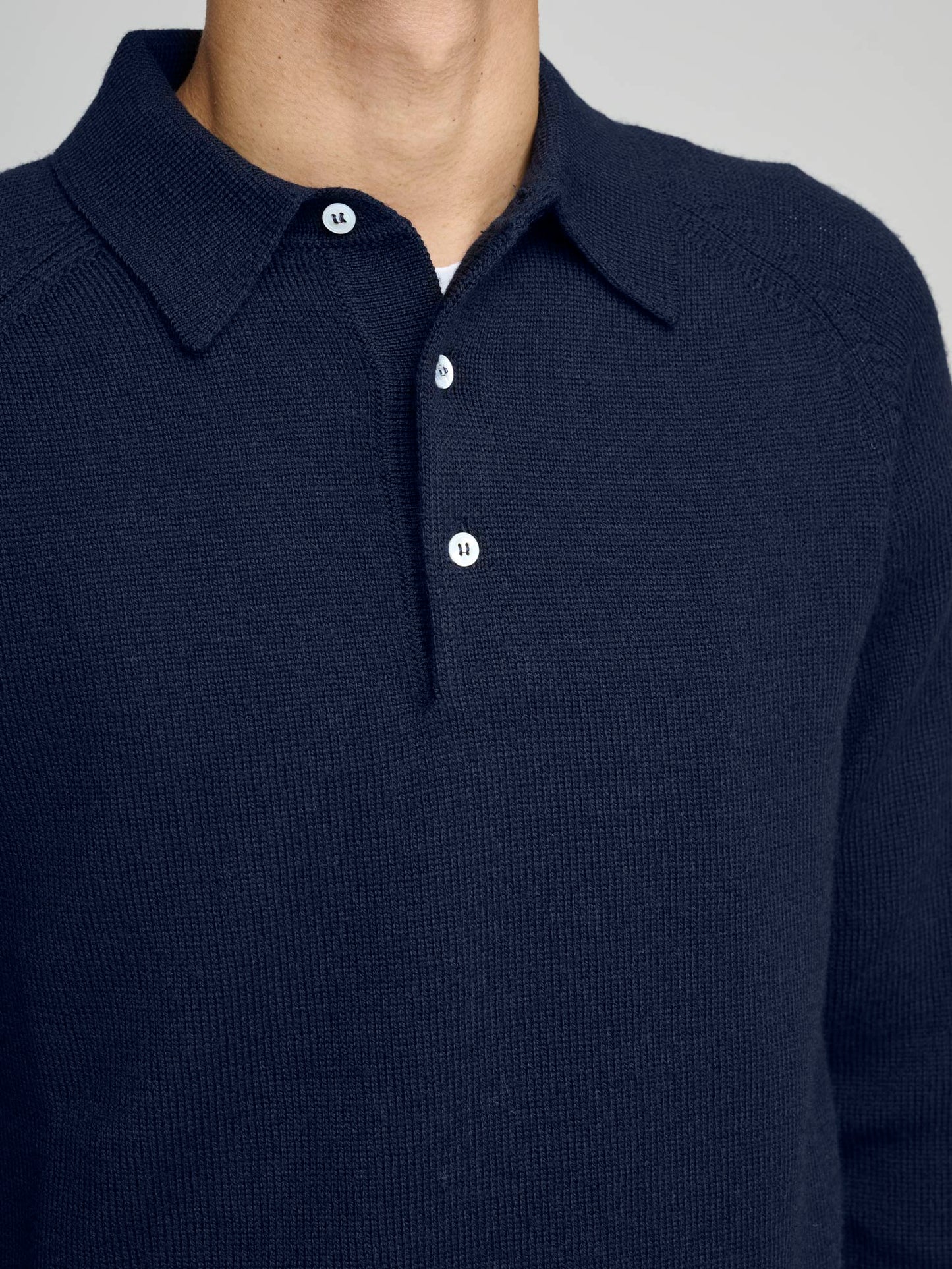 Long Sleeve Merino Wool Knitted Polo, Navy