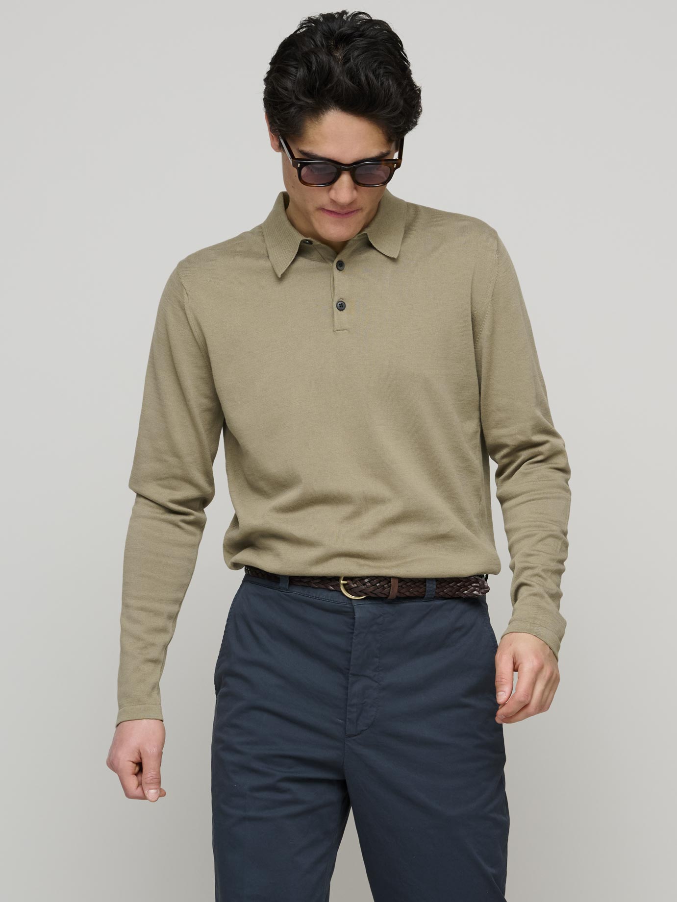 Sea Island Cotton Long Sleeve Polo Shirt, Dark Stone