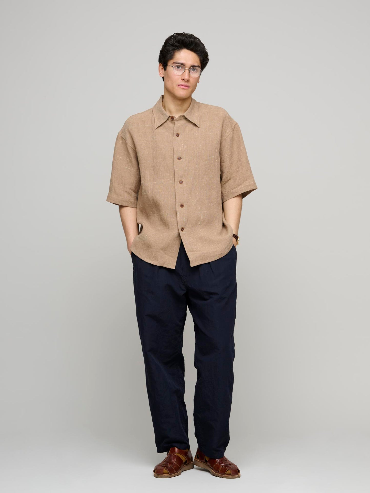 Linen Silk Tweed Half Sleeved Shirt, Brown