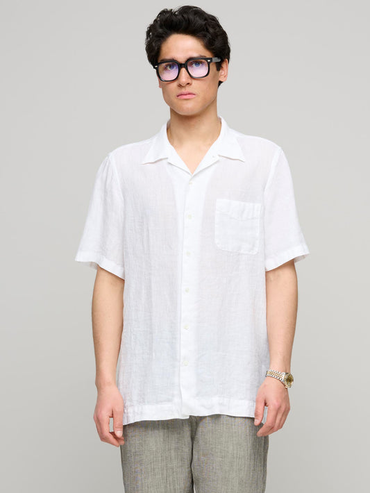 Venice Cuban Collar Short Sleeve Linen Shirt, White