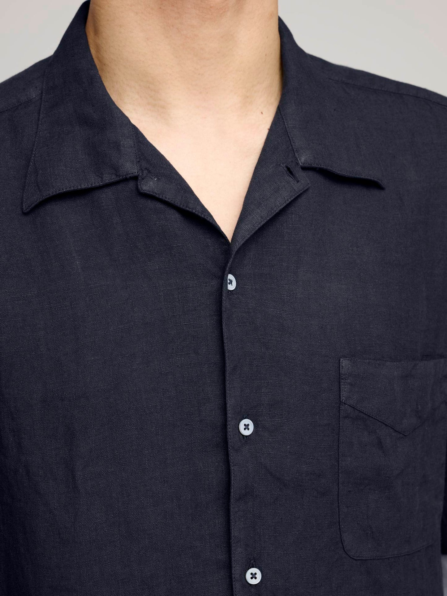 Venice Cuban Collar Short Sleeve Linen Shirt, Navy Blue