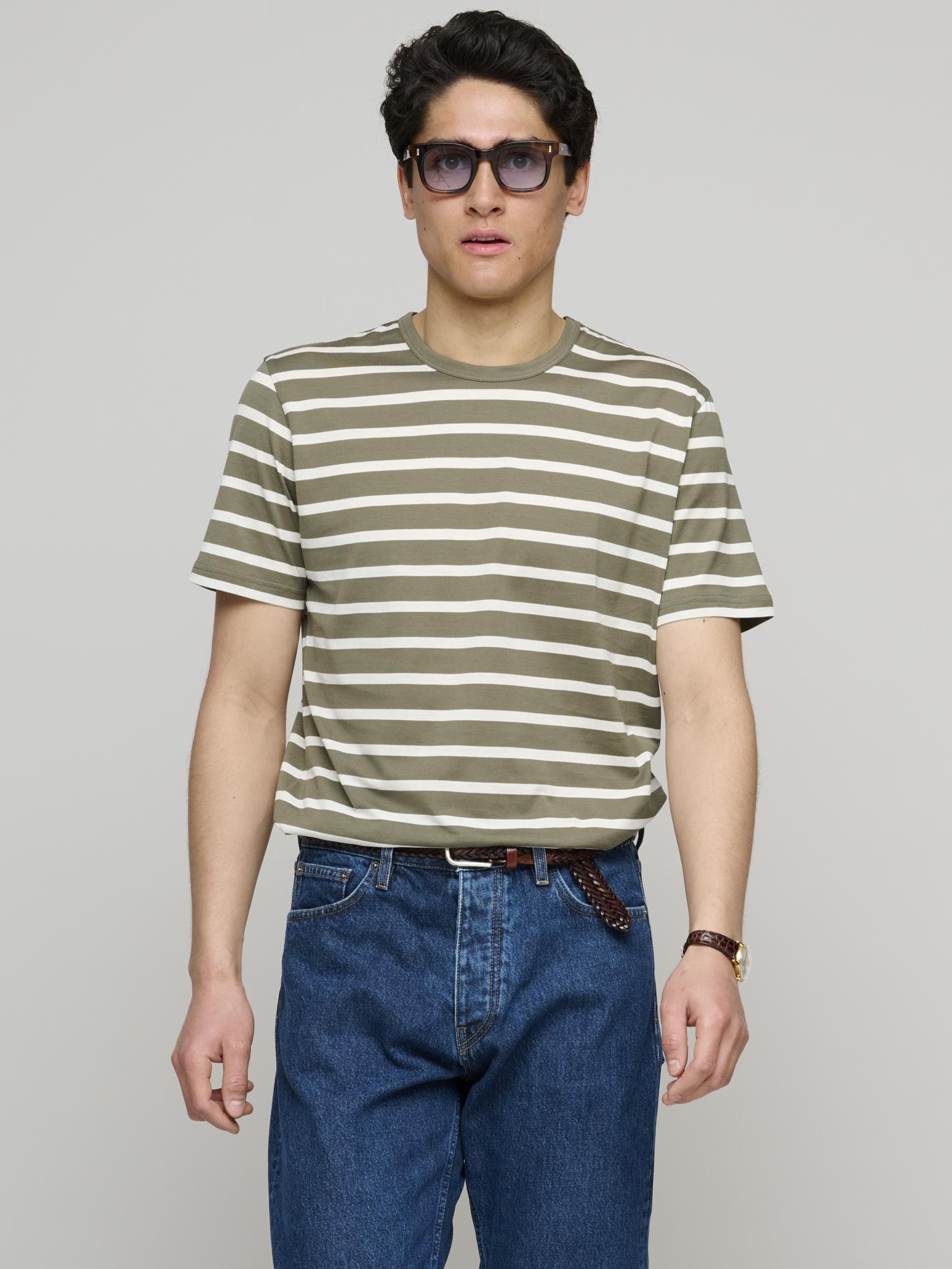 Classic Cotton T-shirt, Khaki/Ecru Stripe