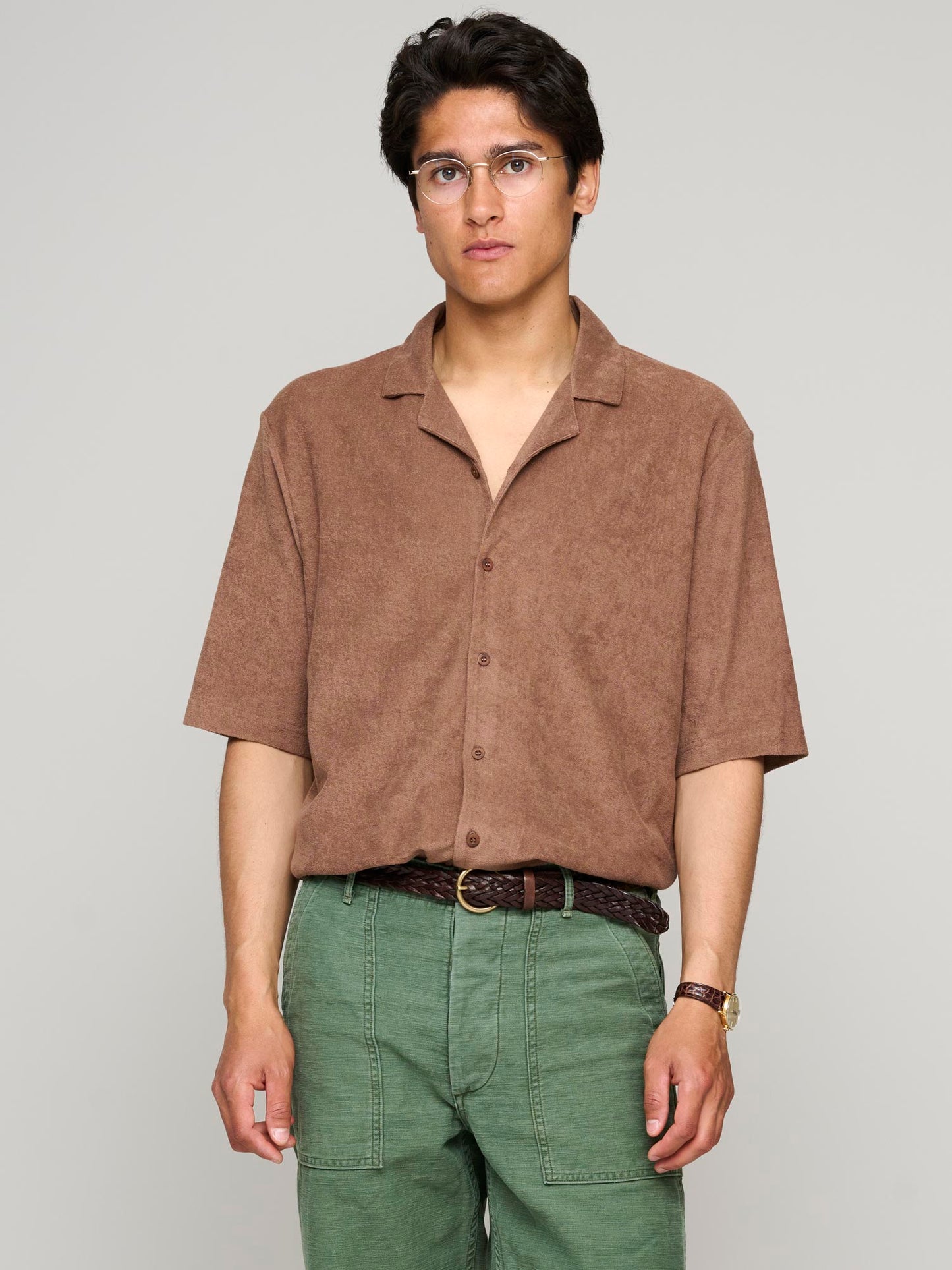 Towelling Camp Collar Shirt, Dark Sand