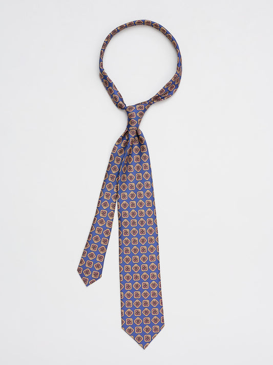Square Motif Silk Tie, Tan & Blue