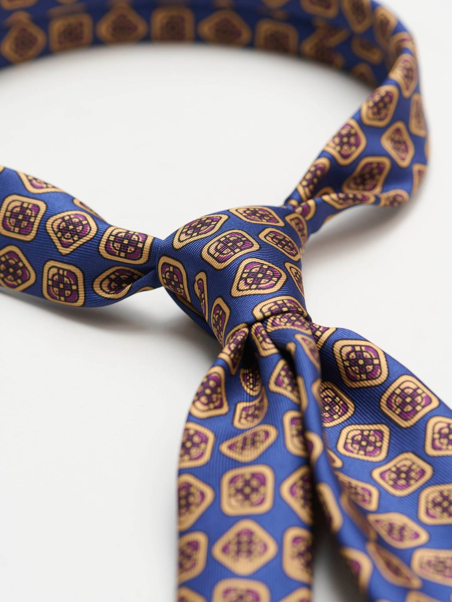 Square Motif Silk Tie, Tan & Blue