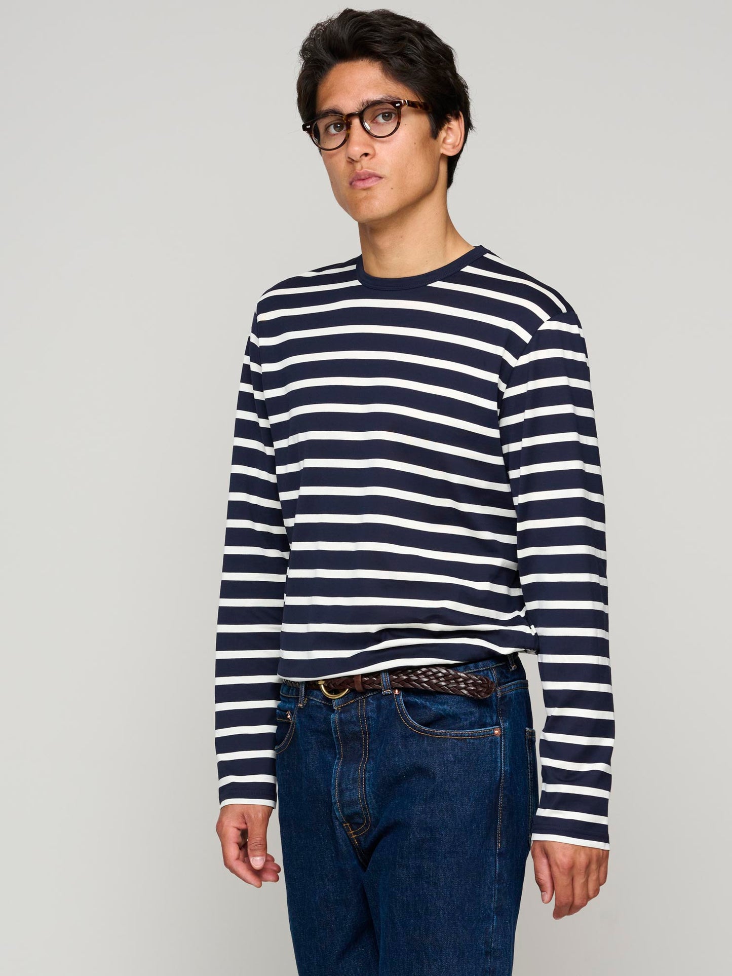 Long Sleeve Classic Cotton T-shirt, Navy/Ecru Stripe