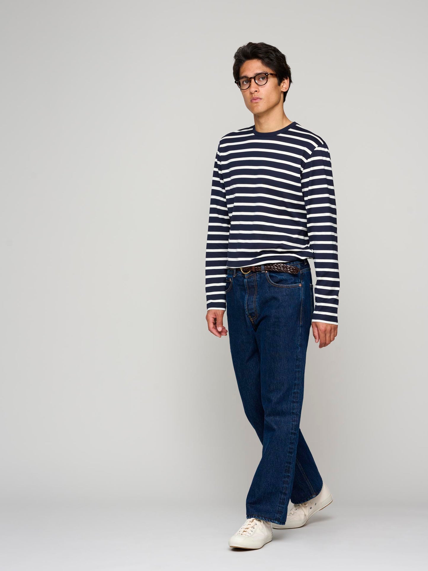 Long Sleeve Classic Cotton T-shirt, Navy/Ecru Stripe